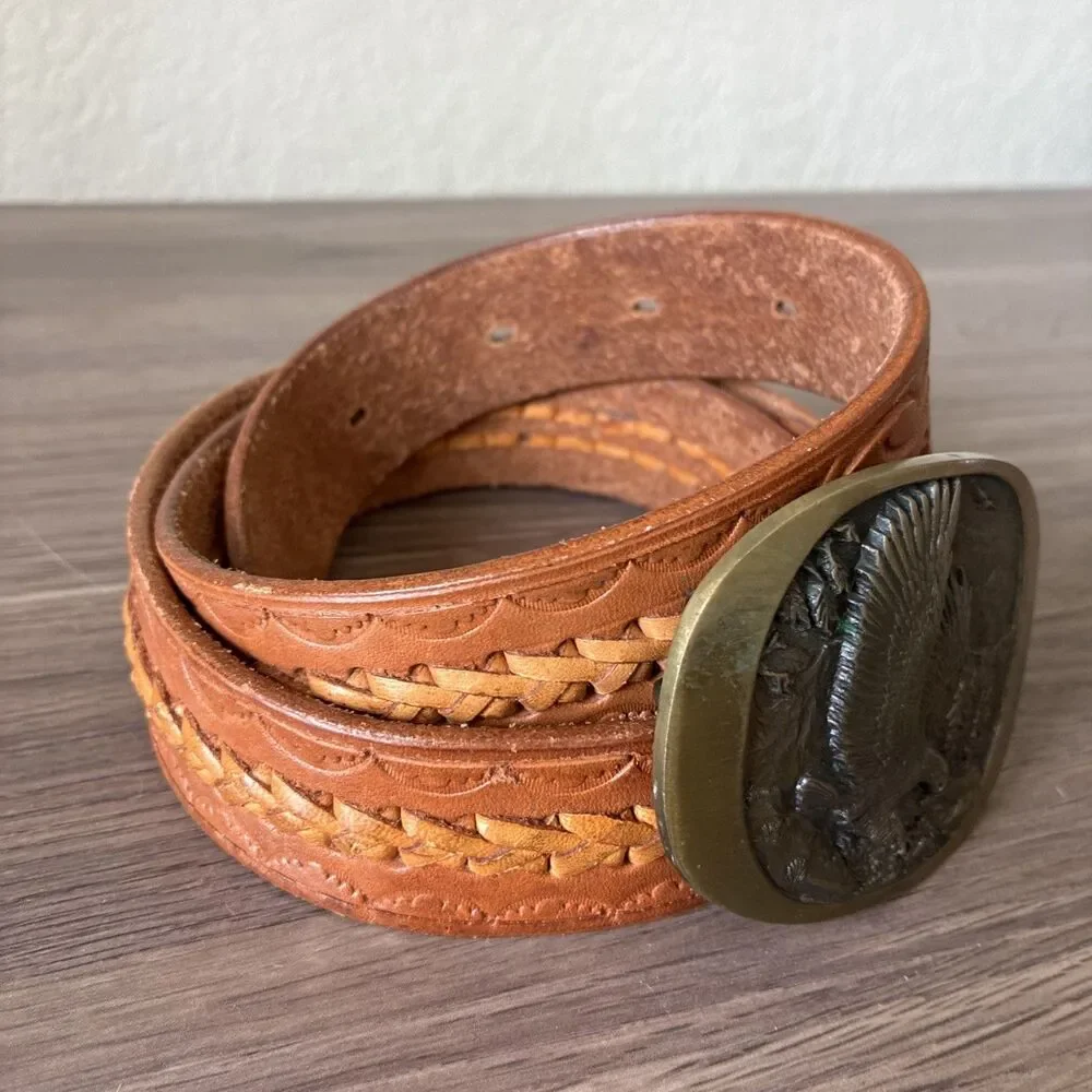 VTG High Mesa American Eagle Solid Bronze Belt Buckle & Leather Belt, Size 36